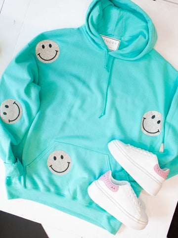 Mint Green Rhinestone Smiley Face Hoodie