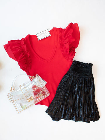 Red Ruffle Sleeve V-Neck Bodysuit