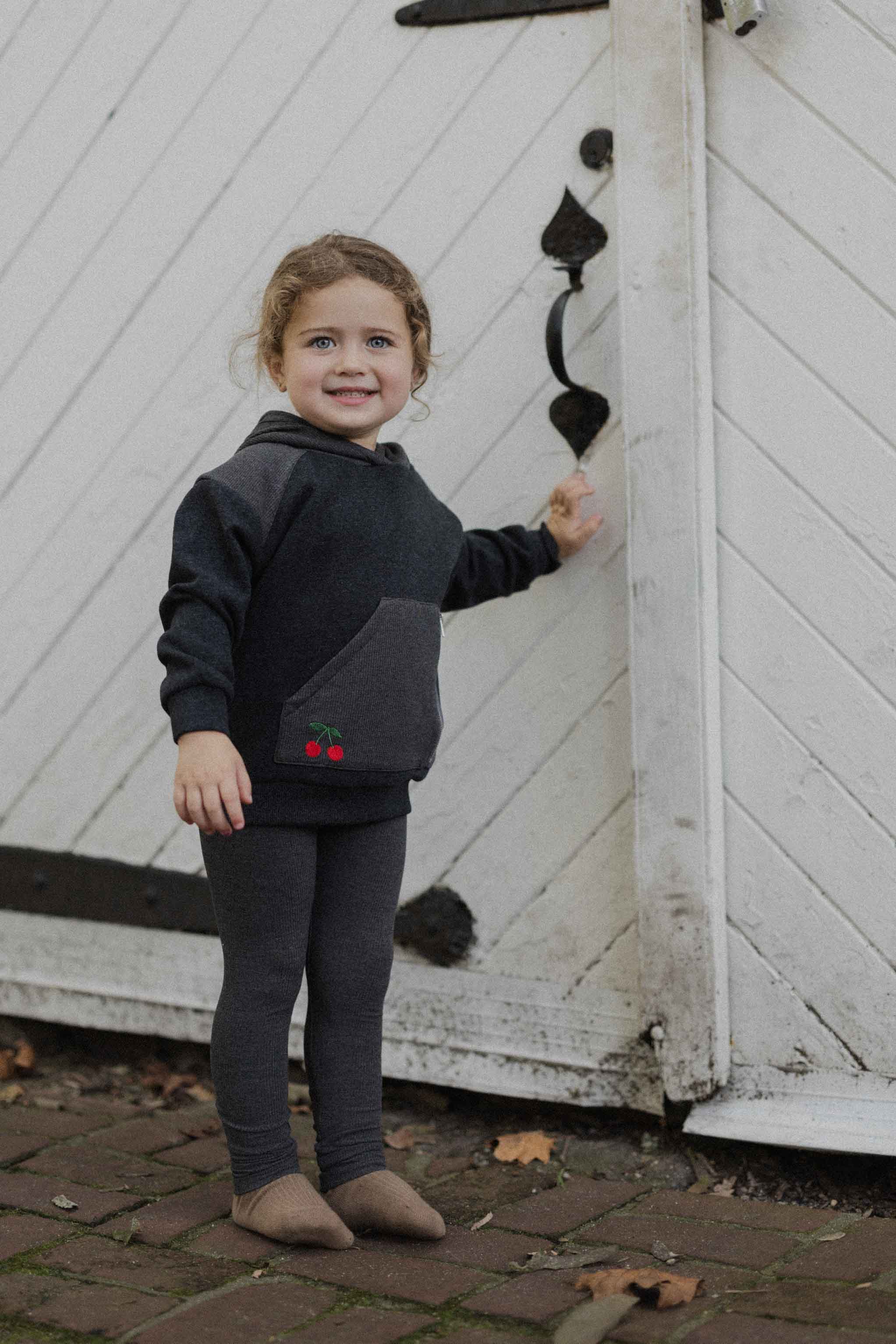 Hoody Sweatshirt Set with Leggings and Embroidered Cherry- Heather Grey