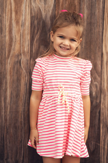 Neon Pink Striped Dress -  3/4 Sleeve