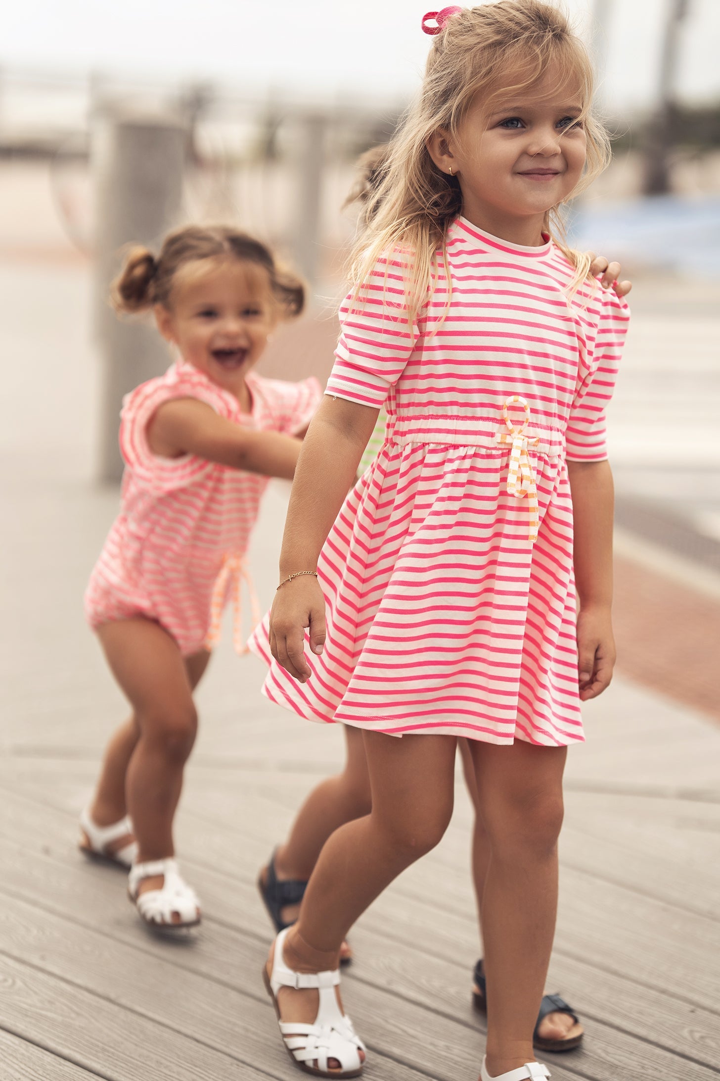 Neon Pink Striped Dress -  3/4 Sleeve