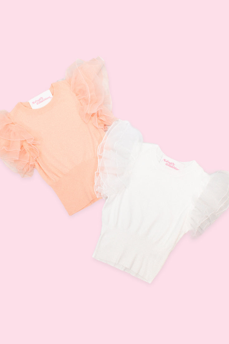 White Mesh Sleeve Ribbed Top