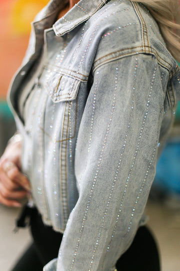 Kyler Rhinestone Raw Hem Denim Jacket