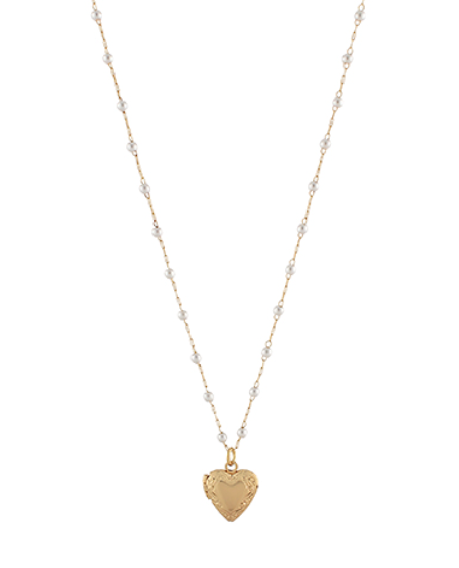 Pearl Chain Heart Locket Charm Necklace