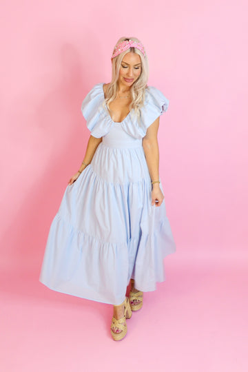 Sky Blue Puff Sleeve Maxi Dress