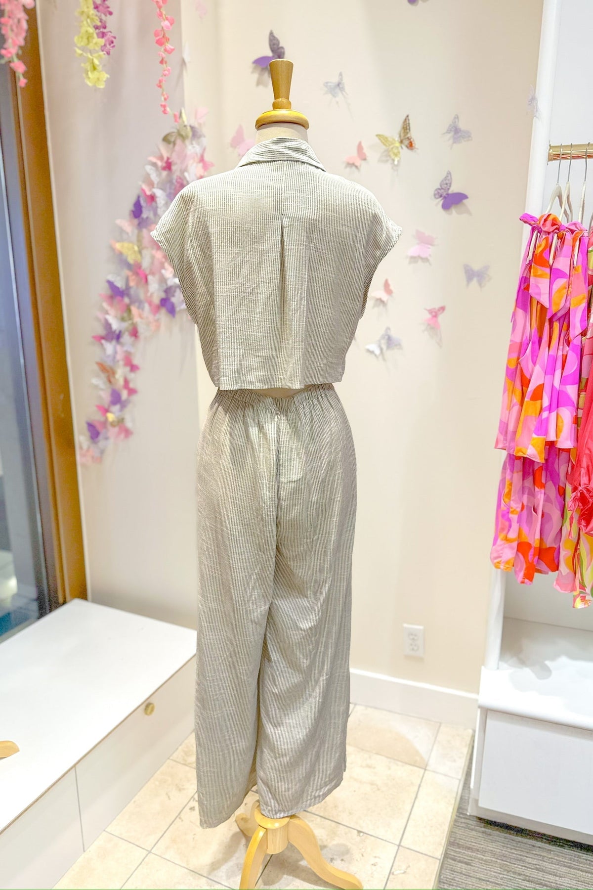 Striped Button Down Jumpsuit with Open Back