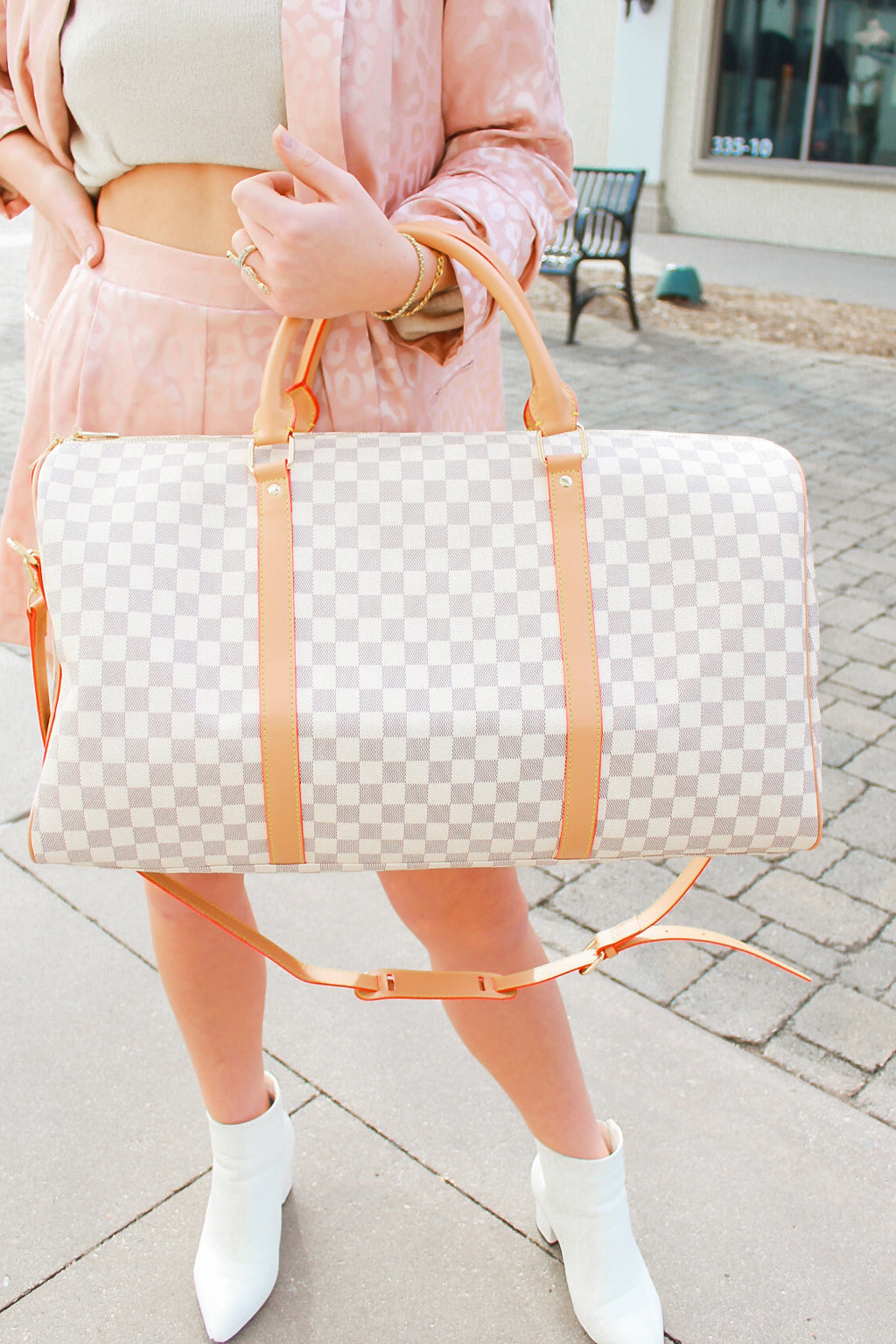 White Checkered Pattern Weekend Duffle Bag