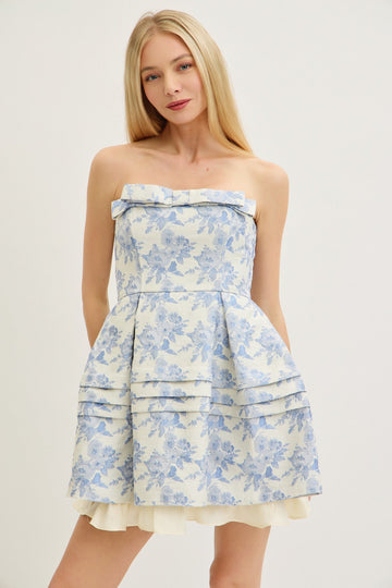 Blue Floral Tiered Ruffle Mini Dress With Bow Detail