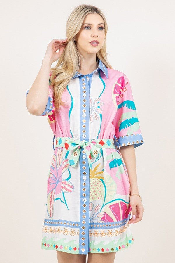 Pink Tropical Print Belted Mini Dress