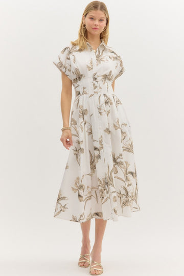 Neutral Floral Print Cinched Waist Midi Dress