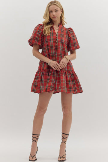 Red Plaid Ruffle Hem Mini Dress