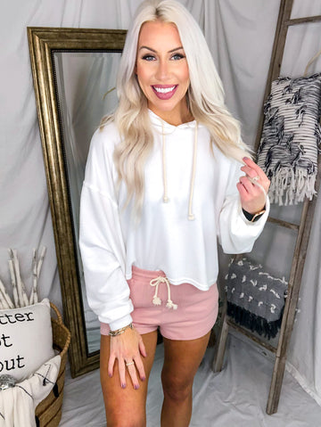 Brushed Balloon Sleeve Cropped Hoodie - White