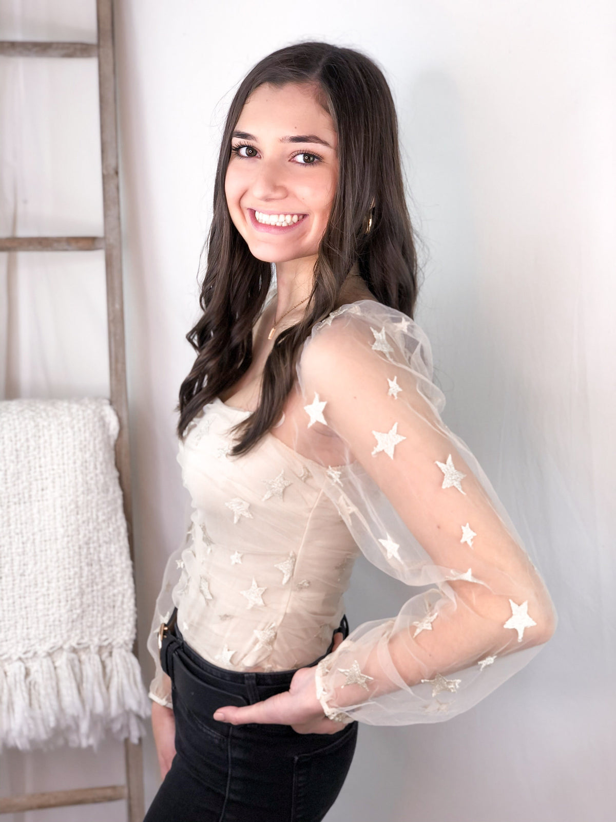 Mesh Long Sleeve Embroidered Star Bodysuit