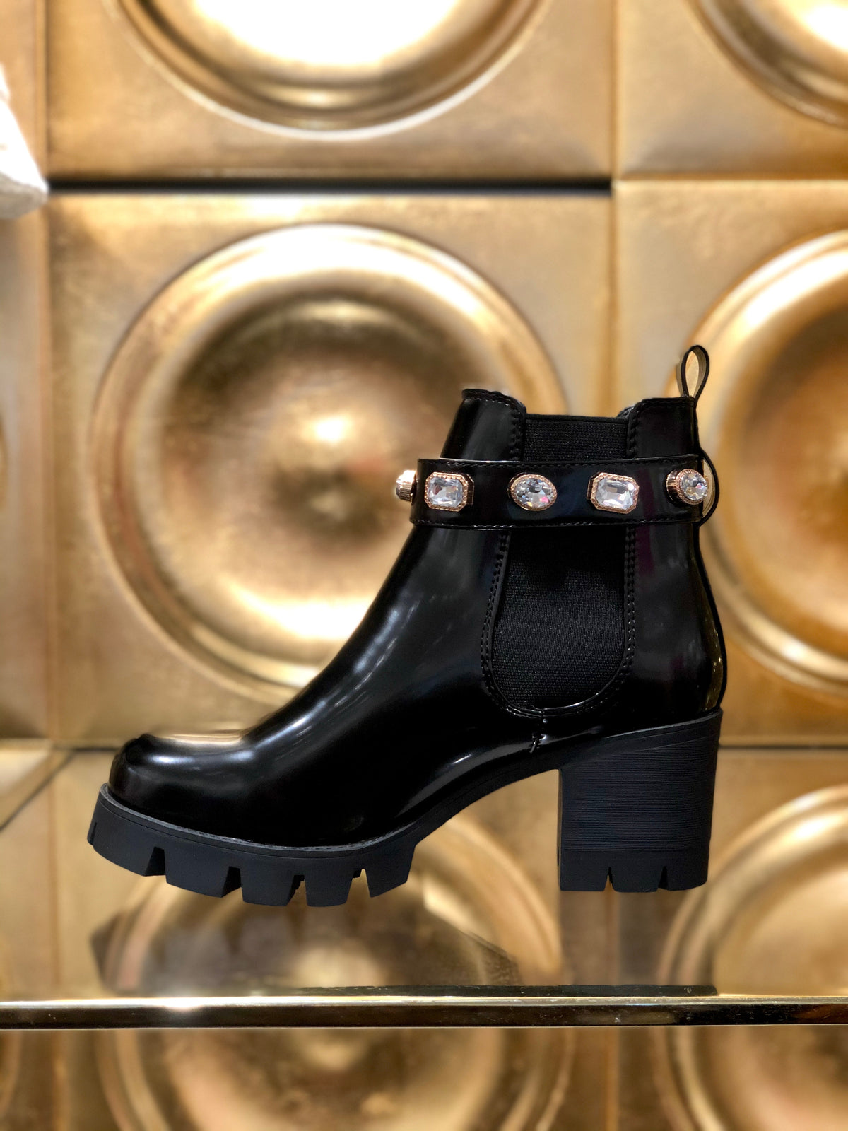 Black Rhinestone Amulet Ankle Booties