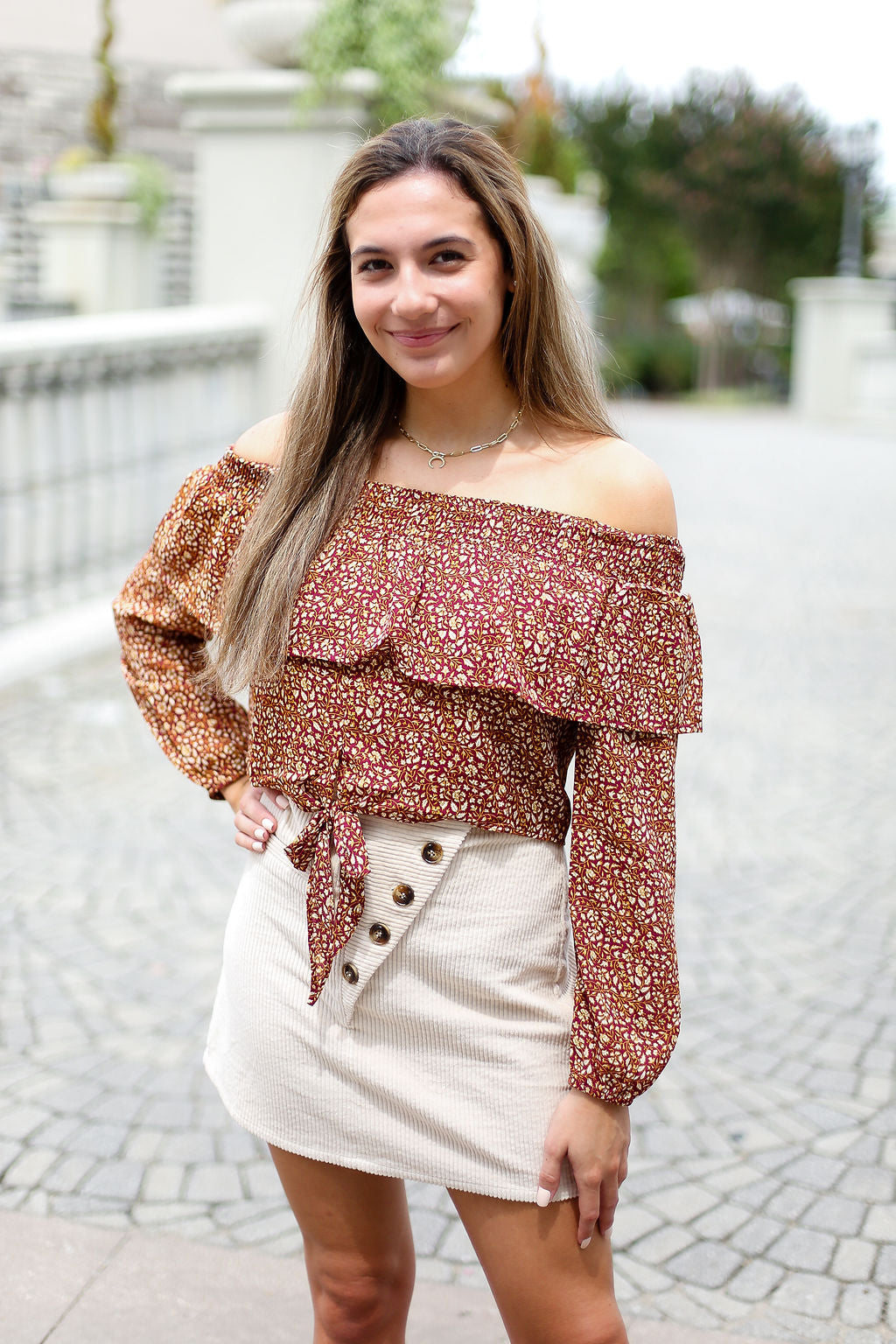 Off The Shoulder Rust Patterned Crop Top